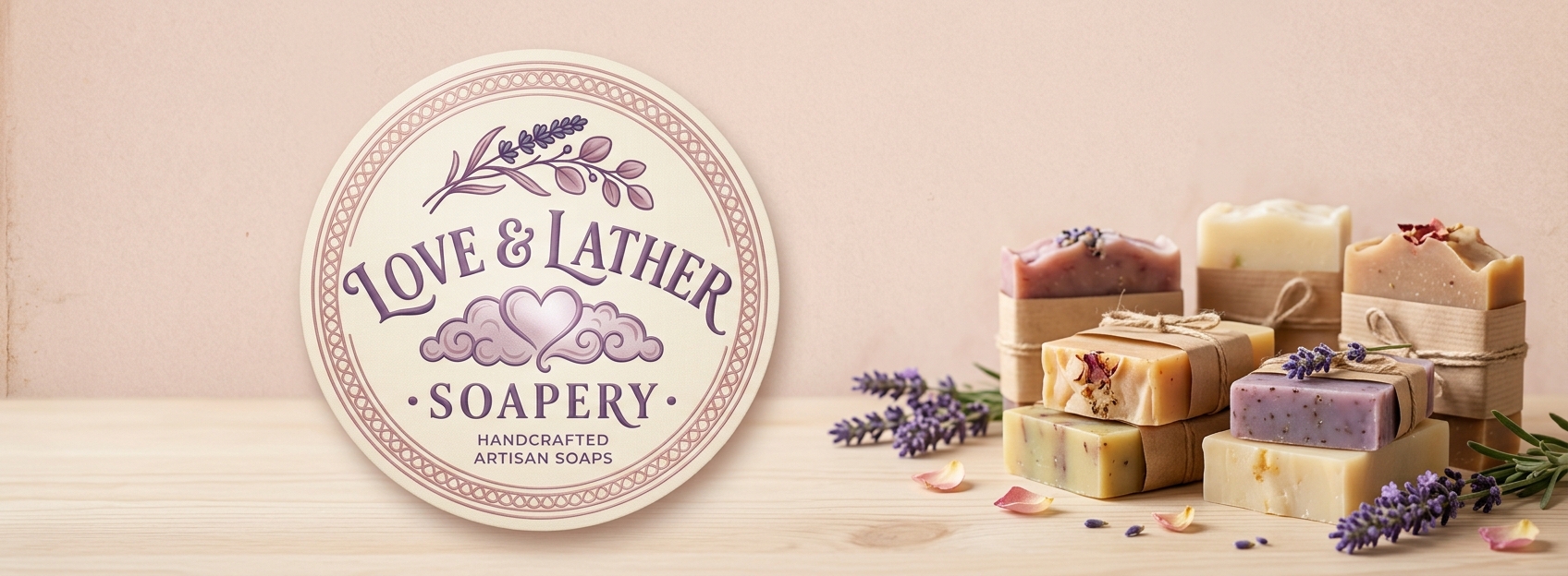 Love & Lather Soapery logo next to handmade soaps with lavender on light wood
