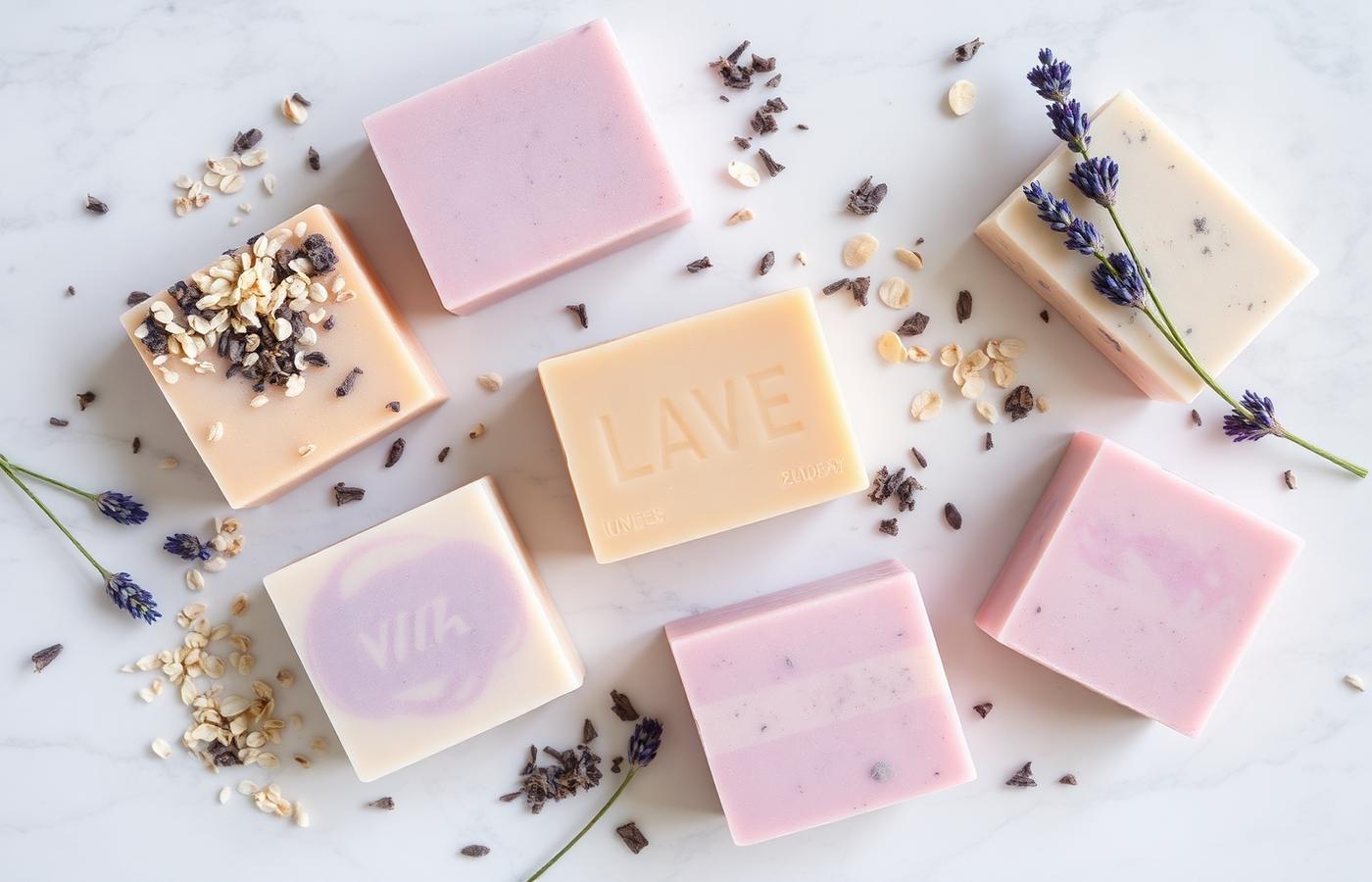 Natural handmade soaps arranged on marble with lavender and oats